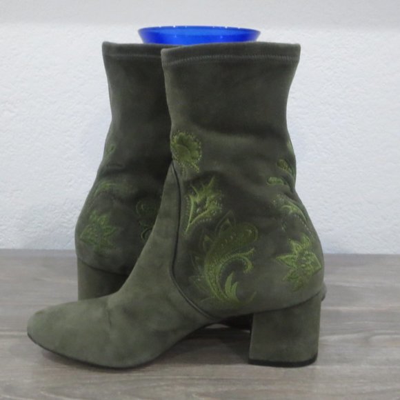 Rachel Zoe Olive Army Green Suede Embroidered Boots Block Heel 7 Boho Paisley - Picture 6 of 16
